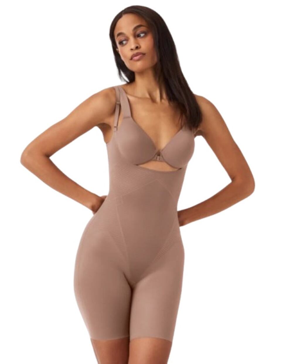 SPANX Open-Bust Mid-Thigh Bodysuit Small Cafe Au Lait 10235R NWT